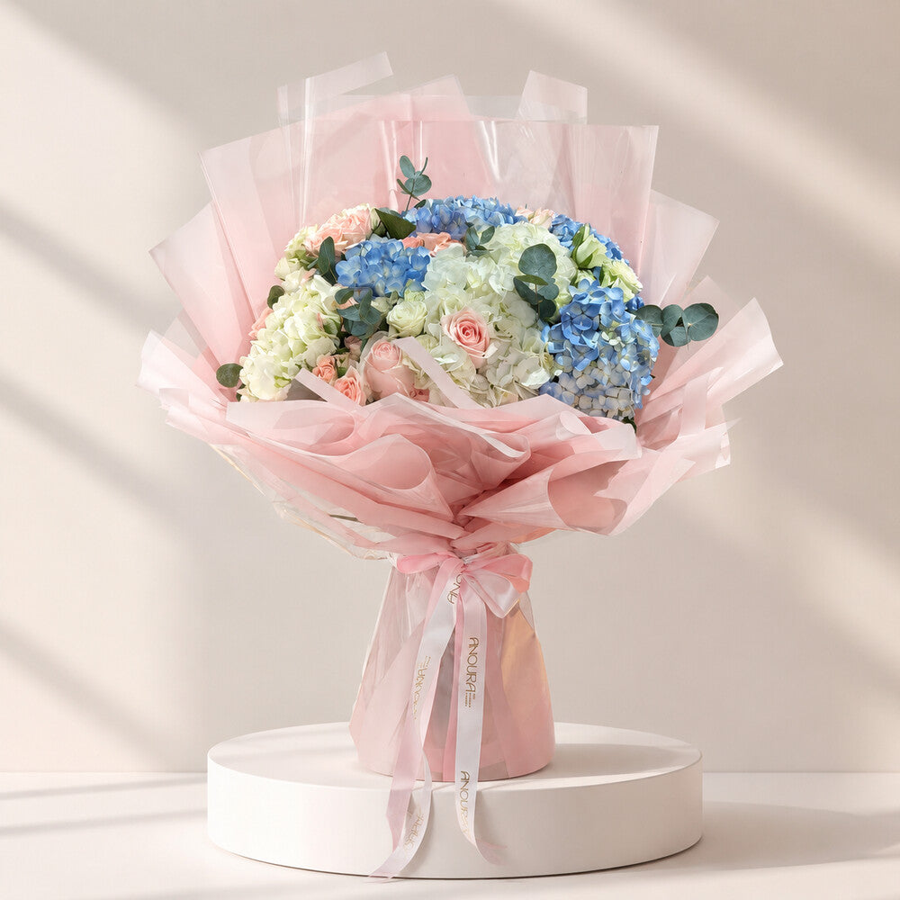 Blue Blush Hydrangea & Rose Bouquet