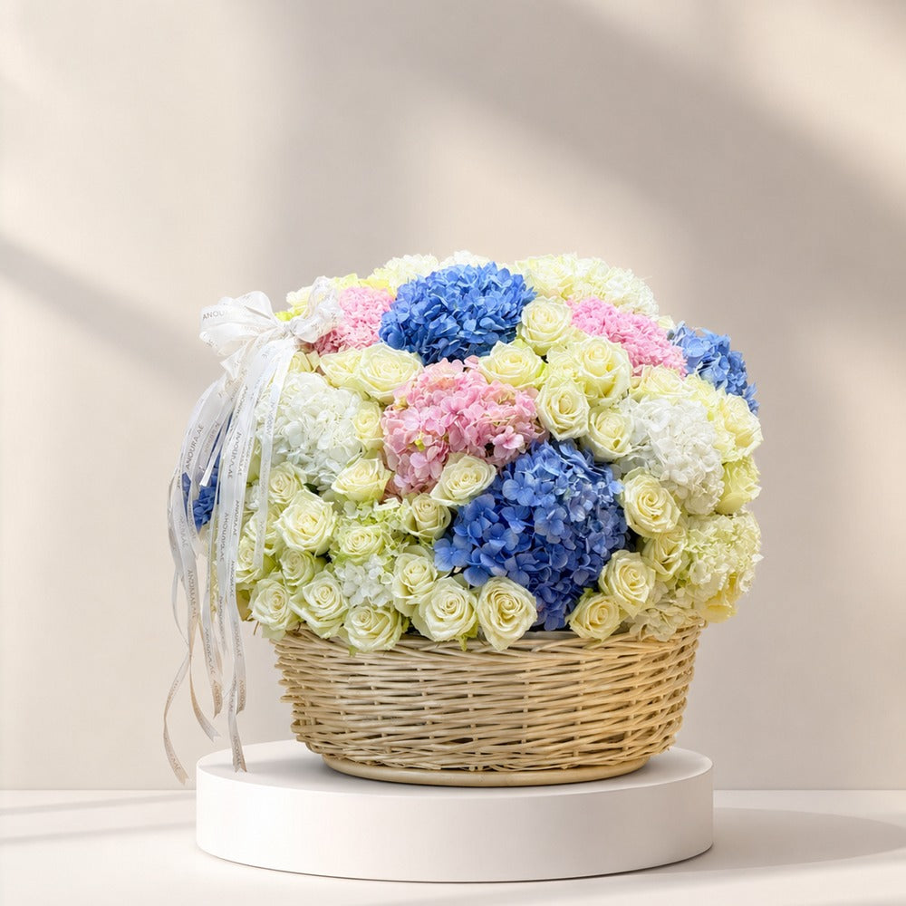 Pastel Garden Hydrangea & Rose Basket