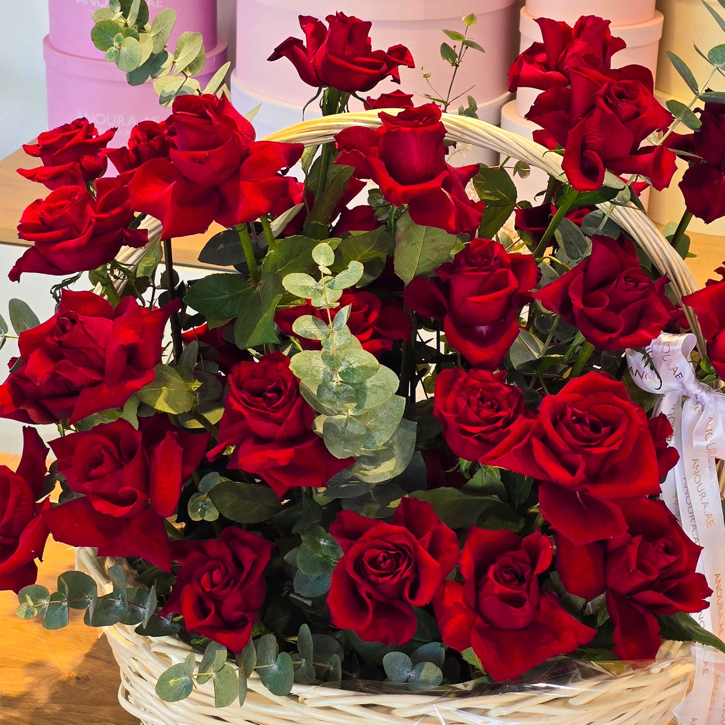 50 Red Roses in Basket