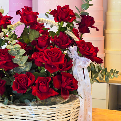 50 Red Roses in Basket