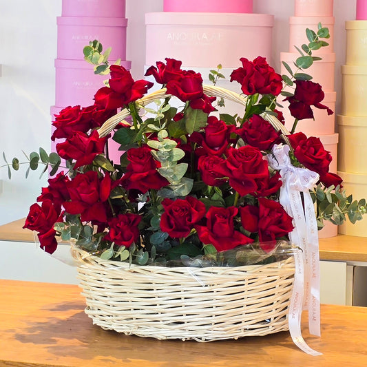 50 Red Roses in Basket