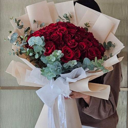 Crimson Passion Luxury Red Rose Bouquet with Eucalyptus - Anoura Flowers Dubai