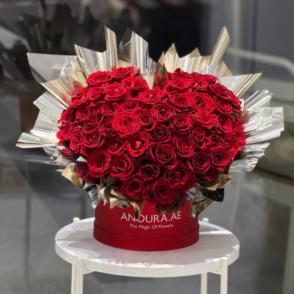 Heart Shape Luxury Red Rose Box - 60 Roses - Anoura Flowers Dubai
