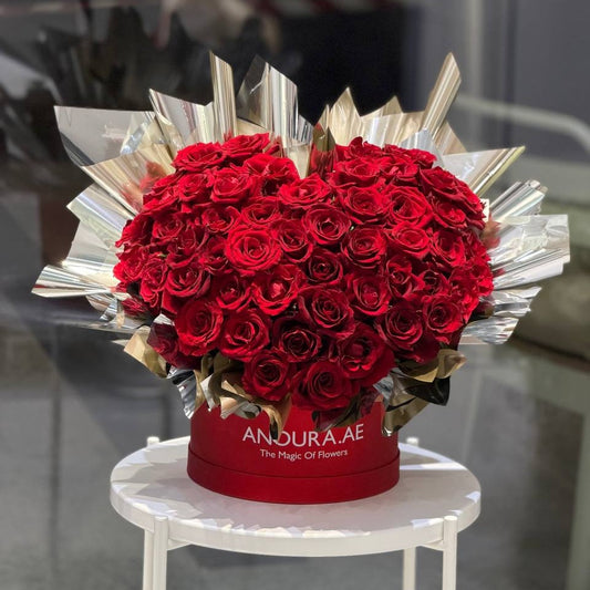 Heart Shape Luxury Red Rose Box - 60 Roses - Anoura Flowers Dubai